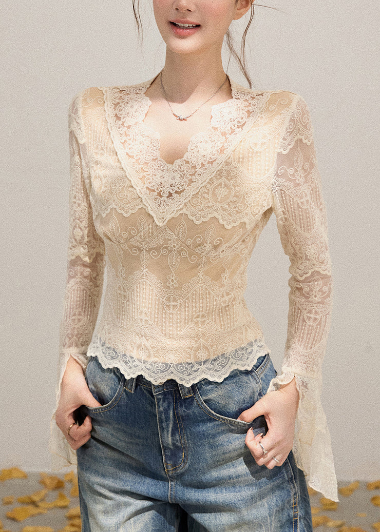 Sexy Beige V Neck Patchwork Lace Shirt Flare Sleeve