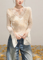Sexy Beige V Neck Patchwork Lace Shirt Flare Sleeve
