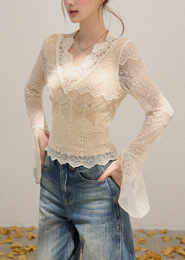 Sexy Beige V Neck Patchwork Lace Shirt Flare Sleeve