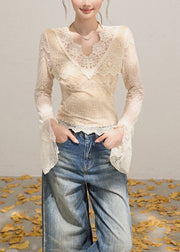 Sexy Beige V Neck Patchwork Lace Shirt Flare Sleeve