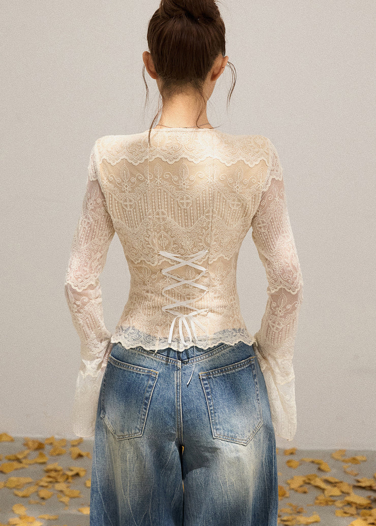 Sexy Beige V Neck Patchwork Lace Shirt Flare Sleeve