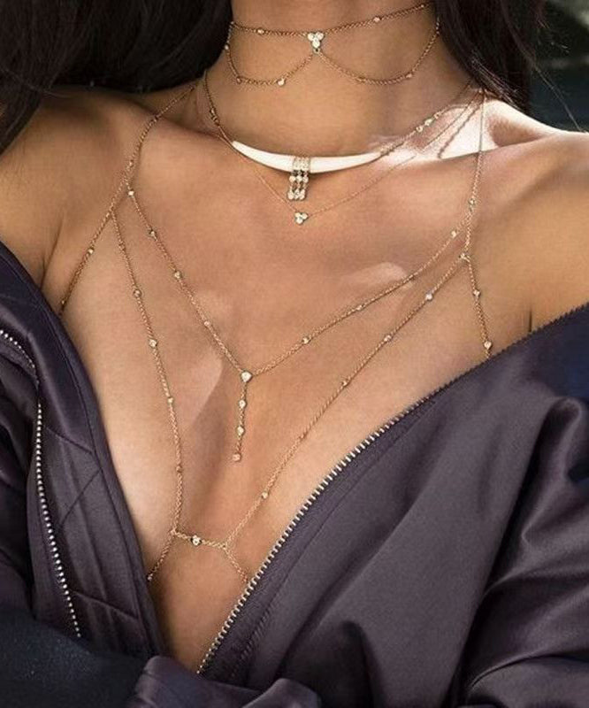 Sexy Black Alloy Zircon Love Tassel Necklace And Body Chain Two-Piece Set