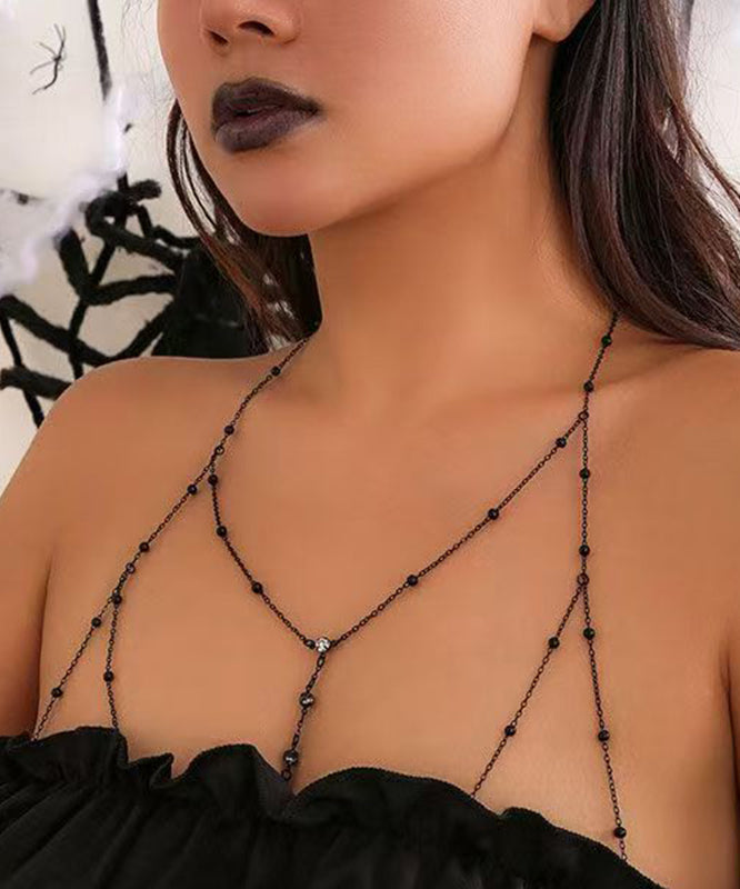 Sexy Black Alloy Zircon Love Tassel Necklace And Body Chain Two-Piece Set