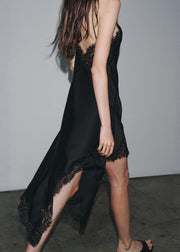 Sexy Black Asymmetrical Lace Patchwork Silk Dresses Sleeveless