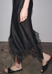 Sexy Black Asymmetrical Lace Patchwork Silk Dresses Sleeveless