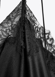 Sexy Black Asymmetrical Lace Patchwork Silk Dresses Sleeveless
