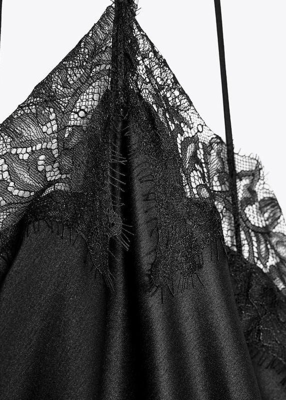 Sexy Black Asymmetrical Lace Patchwork Silk Dresses Sleeveless
