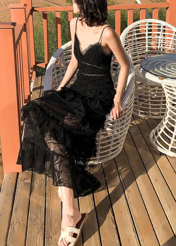 Sexy Black Backless High Waist Lace Spaghetti Strap Dress Sleeveless