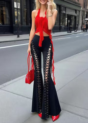 Sexy Black Cross Strap Tummy Control Bell-bottom Trousers Fall