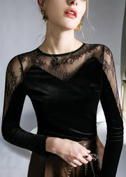 Sexy Black Hollow Out Lace Patchwork Silk Velour T Shirts Fall