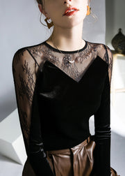 Sexy Black Hollow Out Lace Patchwork Silk Velour T Shirts Fall