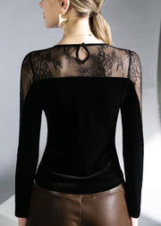 Sexy Black Hollow Out Lace Patchwork Silk Velour T Shirts Fall