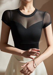 Sexy Black Hollow Out Short Sleeve Tulle Yoga Top