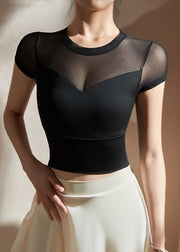 Sexy Black Hollow Out Short Sleeve Tulle Yoga Top