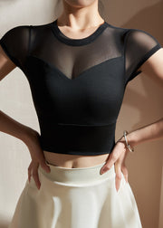 Sexy Black Hollow Out Short Sleeve Tulle Yoga Top