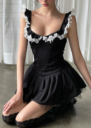 Sexy Black Lace Ruffled Patchwork Cotton Mini Dress Summer