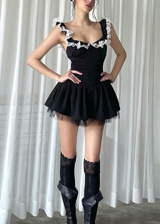 Sexy Black Lace Ruffled Patchwork Cotton Mini Dress Summer