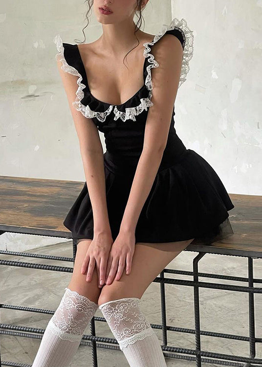 Sexy Black Lace Ruffled Patchwork Cotton Mini Dress Summer