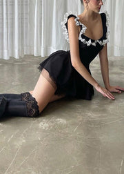 Sexy Black Lace Ruffled Patchwork Cotton Mini Dress Summer