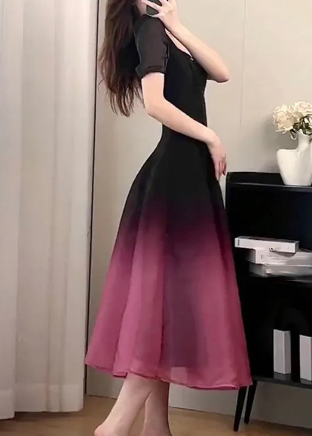 Sexy Black O-Neck Gradient Color Long Dresses Short Sleeve