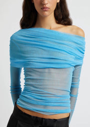 Sexy Black Slash Neck Pleated Tulle Long Sleeved Slim Fit T-Shirt