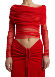 Sexy Black Slash Neck Pleated Tulle Long Sleeved Slim Fit T-Shirt