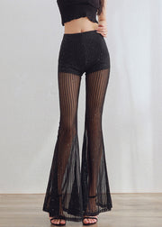 Sexy Black Striped Sequins Tulle Flared Trousers Summer