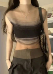 Sexy Black Striped Tulle Knit Top Sleeveless