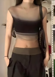 Sexy Black Striped Tulle Knit Top Sleeveless