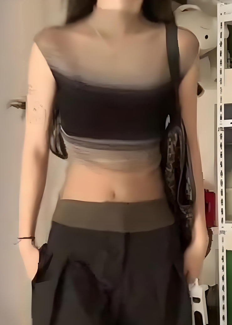 Sexy Black Striped Tulle Knit Top Sleeveless