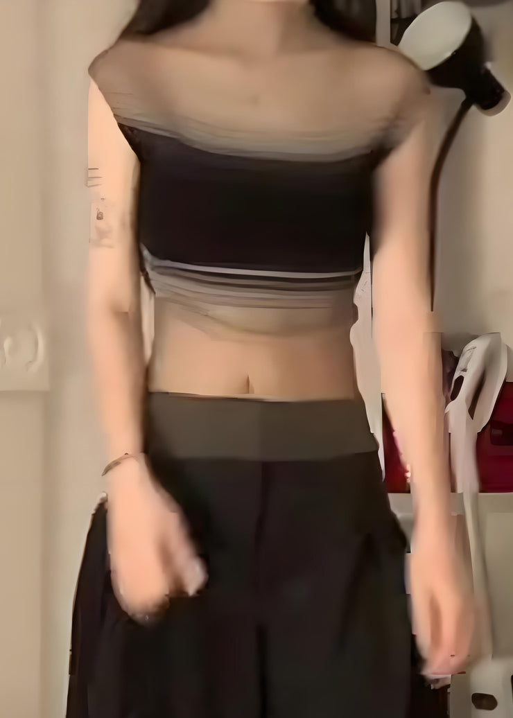 Sexy Black Striped Tulle Knit Top Sleeveless
