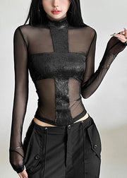 Sexy Black Turtleneck Sheer Tulle Top Spring