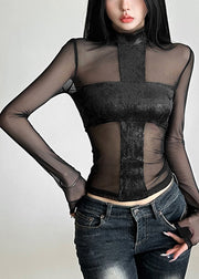 Sexy Black Turtleneck Sheer Tulle Top Spring