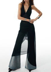 Sexy Black V Neck Backless Patchwork Chiffon Dress Summer