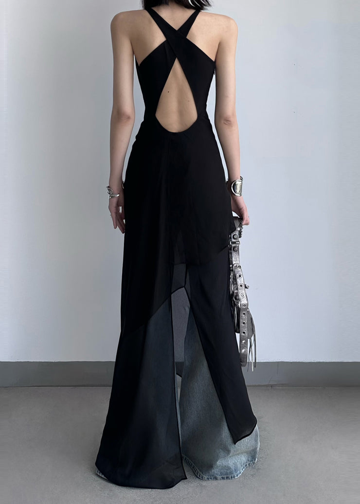Sexy Black V Neck Backless Patchwork Chiffon Dress Summer