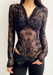 Sexy Black V Neck Flocking Wrinkled Tulle Bodysuit