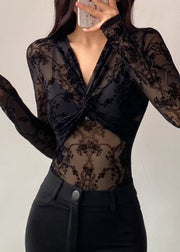 Sexy Black V Neck Flocking Wrinkled Tulle Bodysuit