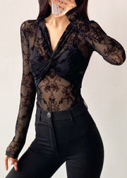 Sexy Black V Neck Flocking Wrinkled Tulle Bodysuit