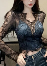 Sexy Black V Neck Hollow Out Lace Shirt Spring