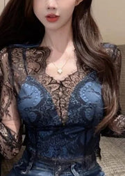Sexy Black V Neck Hollow Out Lace Shirt Spring