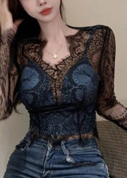 Sexy Black V Neck Hollow Out Lace Shirt Spring