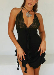 Sexy Black V Neck Lace Lace Up Mini Dresses Sleeveless