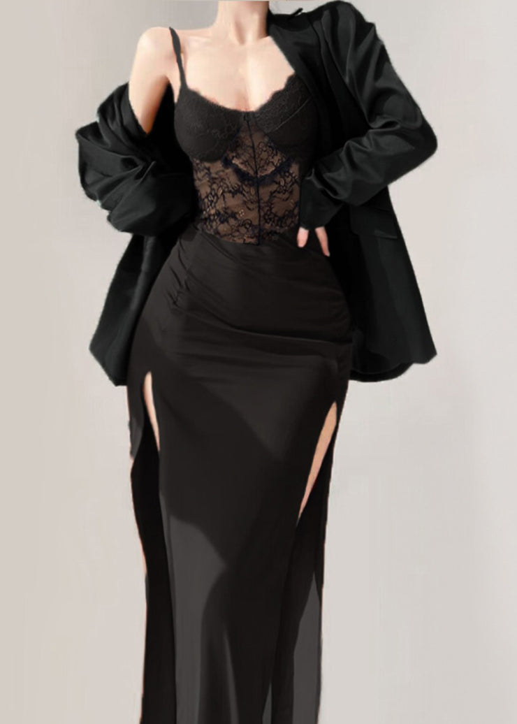 Sexy Black V Neck Lace Patchwork Long Spaghetti Strap Dress Summer
