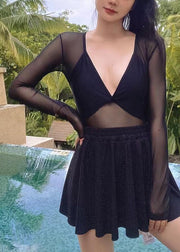 Sexy Black V Neck Solid Tulle Bodysuit