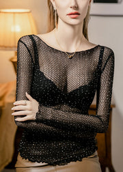 Sexy Black Zircon Hollow Out Thin Lace T Shirt Fall