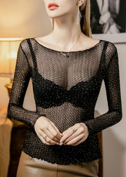 Sexy Black Zircon Hollow Out Thin Lace T Shirt Fall