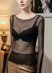 Sexy Black Zircon Hollow Out Thin Lace T Shirt Fall