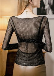 Sexy Black Zircon Hollow Out Thin Lace T Shirt Fall