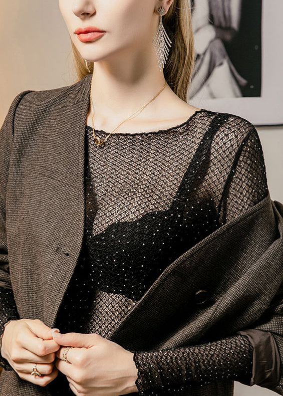 Sexy Black Zircon Hollow Out Thin Lace T Shirt Fall
