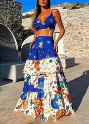 Sexy Blue Lingerie And Maxi Cake Skirts Two Pieces Set Summer